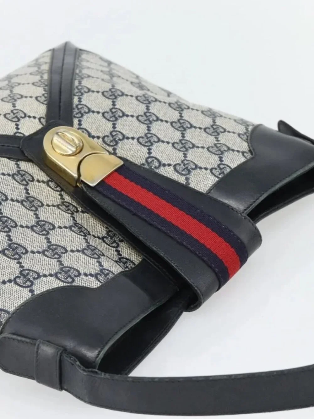 GUCCI GG Supreme Sherry Line Shoulder Bag PVC Navy Gold Auth ka4505 - Picture 6 of 16